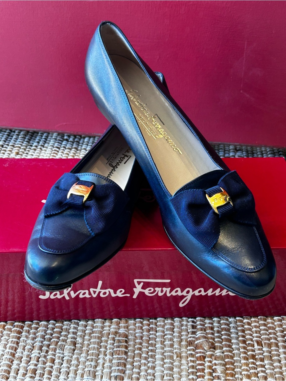 Salvatore Ferragamo Navy Leather Bow Flats with Gold Buckle